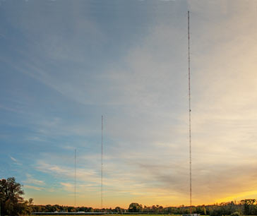 A medium wave broadcast transmitter antenna used by WROW Albany USA - note the three verticals used to provide directionality