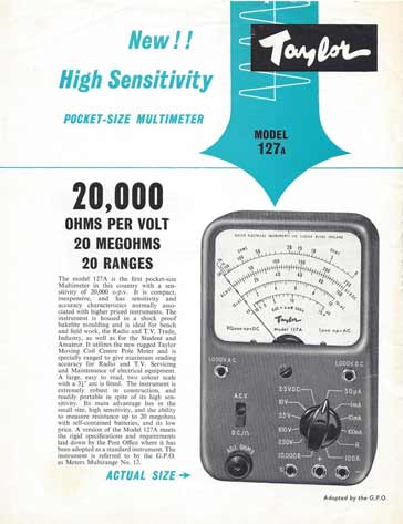 Data sheet for Taylor 127A vintage analogue multimeter