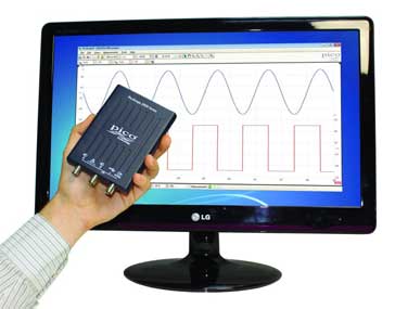 A typical USB oscilloscope showing a screen display